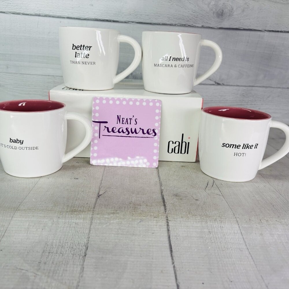 Cabi BETTER LATTE , ALL I NEED + More White Pink 14 oz Coffee Mug Cup Set 4 NEW